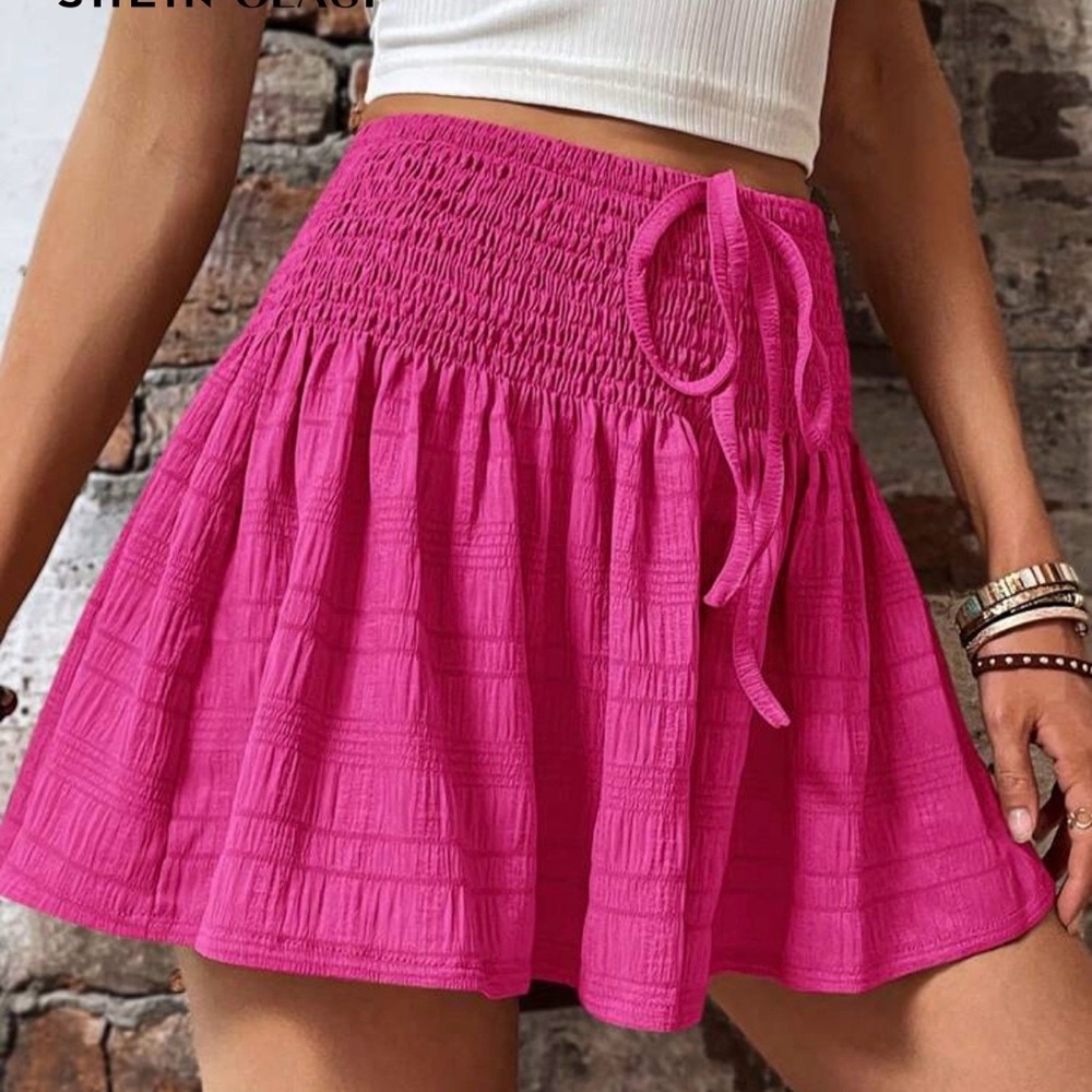 Hot Pink Smocked High Waist Tie Front Shorts